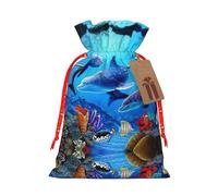 Blue Ocean Print Festive Red Drawstring Bag, Small Favors Pouch Ideal For Christmas Party Gifting-S Size