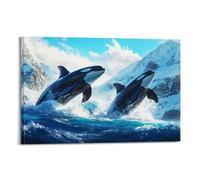 Blue Ocean Theme Wall Art Hanging Paintings, Killer Whale Orca Pair Leaping Iceberg Canvas, Marine Animal Art for Living Room Bedroom Home Wall Decor 20x30inch(50x75cm)