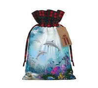 Blue Ocean Underwater Fish Print Christmas Imitation Burlap Gift Bag With Drawstring And Gift Tag,For Wrapping Candies