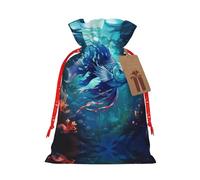 Blue Ocean Underwater Fish print Christmas Packing Bag Linen Bags with Drawstring Funny Wedding Present Bag