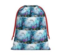 Blue Ocean Underwater Fish Printing Drawstring Gift Bag With Red Ribbon Soft Stylish For Christmas Halloween Fits Card Candies
