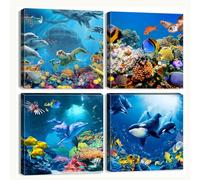 Blue Ocean Wall Art Beach Bathroom Turtle Dolphin Whale Fish Wall Decor Sea Animal Pictures for Living Room Under World Photo Prints Canvas Coastal Seascape Artwork Bedroom Home Decorations 12x12” 4P