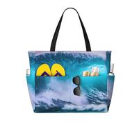 Blue Ocean Wave Print Beach Tote Bag Waterproof Large Bags With Zipper Big Capacity For Vacation Travel