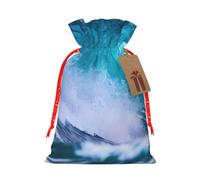 Blue Ocean Wave Print Cotton Twill Christma Drawstring Gift Bags | Reusable Pouches Birthdays Anniversaries Parties M 8.3in X 11.8 New Year