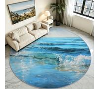 Blue Ocean Waves Striped Round Rug 150 cm, Nautical Washable Floor Mat | Coastal Water Ripple Circle Carpet, Non-Slip Low Pile Grip Base, Modern Accent Rug for Coffee Table, Sofa & Lounge