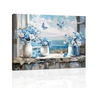 Blue Ocean Window View Canvas Wall Art Prints, Blue Flowers in The Vase Wall Pictures Butterfly Floral Relaxing Seascape Poster Painting on Canvas Home Decor for Bedroom Living Room Office 40×60cm
