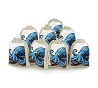 Blue Octopus Bunches Pocket Cotton And Hemp with Drawstring 8 Pieces Reusable Gift Bags Jewelry Pouch for Wedding DIY Craft Party (4.9 X 6.7 Inch)