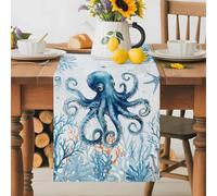 Blue Octopus Coral Seamless Table Runner 70 Inches Long,Table Runners Kitchen Dining Tables Decoration for Home Party Decor, Sea Monster Starfish Jellyfish Tables Runner Wedding Dresser Scarf