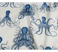 Blue Octopus Fabric Marine Digital Print - White Nautical Sea Life Canvas for Home Decor, Curtains, Upholstery - 140cm Wide - Sold by The Metre