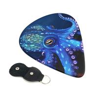Blue Octopus Guitar Picks 6 Pcs, 0.71mm Thickness Celluloid Plectrum with Leather Picks Holder, Personalized Guitar Pick for Bass Electric Acoustic Guitars Lovers Gift