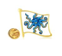 Blue Octopus Marine Life Cartoon Pattern Golden Metal Flag Lapel Pin Badge