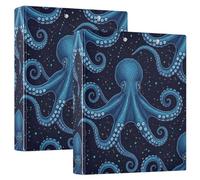 Blue Octopus Ocean 1 and A Half Inch Binders 3 Ring, D Ring Binders with 3 Interior Pockets Decorative Cute Three Ring Binder for School Office Supplies, 2 Pack