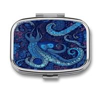 Blue Octopus Pill Box 2 Compartment Decorative Metal Pill Case for Pocket Or Purse Travel Portable Medicine Box Pill Container Organizer for Vitamins Fish Oils Supplements