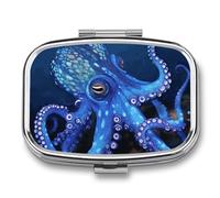 Blue Octopus Pill Box 2 Compartment - Small Metal Medicine Organizer Portable Pill Case for Purse Pocket Travel Vitamin Organizer for Men Women, BPA-Free