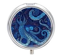 Blue Octopus Pill Box 3 Compartment Waterproof Pill Container with Mirror Metal Medicine Box Organizer Portable Vitamin Case for Pocket & Purse Travel - Round