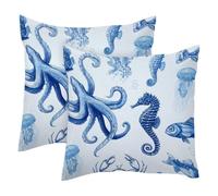 Blue Octopus Seahorse Fishes 2 Pack Square Throw Pillow Covers Decorative Soft Velvet Pillowcase for Couch Sofa Bed Car Living Room, 40x40cm