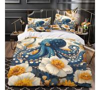 Blue Octopus Surrounded Comforter Cover 3D Design Printed All Season 3 Piece Bedding Set Zipper whimsical Floral Quilt Cover Ultra Soft Washable for Kids Teens Adults Women Youth Single（135x200cm）