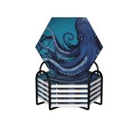 Blue Octopus Tentacles Illustration Coasters Set of 6 Ceramic Coaster with Holder Absorbent Coasters for Drinks Heat Resistant Coffee Table Coasters Cup Pad for Kitchen Office Home Decoration