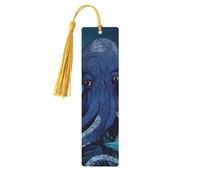 Blue Octopus Tentacles Illustration Wood Bookmark for Book Lovers Birthday Teachers Gift, Handmade Craft Book Marks Ornaments with Tassel Exquisite Reading Page Markers for Men Women