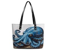 Blue Octopus Tote Bag Large Soft Leather Purse with Zipper Lightweight Ladies Shoulder Handbag