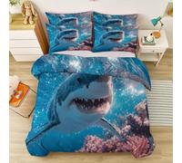 Blue Off White Duvet Cover, Marine Life Great White Shark Coral Reef Easy Care Microfiber Bedding with Pillowcase, Photography Quilt Cover for Teens Girls Kids, Single