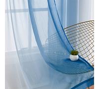 Blue Ombre Chiffon Sheer Curtain 63 Inch Long for Living Room Crinkle Semi Sheer Curtain Panels for Bedroom, Gradient Light Filtering Window Drapes Set of 2 for Kids Room, Office, Rod Pocket, 52"W