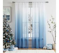 Blue Ombre Chiffon Sheer Curtains 84 Inch Long for Living Room Bedroom Decor, Crinkle Gradient Semi Voile Rod Pocket Window Curtain Drapes for Boys Room, Garden, Yard, Set of 2 Panels