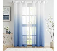 Blue Ombre Chiffon Sheer Curtains Crinkle Semi Sheer Panels for Home Decor, Crinkle Light Filtering Curtain Drapes for Living Room Bedroom Set of 2 Panels for Garden Yard Decor, 42"Wx95"L, Grommet Top