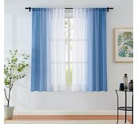 Blue Ombre Chiffon Sheer Curtains for Living Room Bedroom, Gradient Crinkle Semi Voile Curtain Panels for Small Window Light Filtering Window Drapes for Laundry Room Rod Pocket, 2 Panels, 52"Wx54"L
