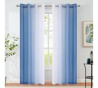 Blue Ombre Sheer Curtains for Living Room Chiffon Crinkle Semi Sheer Curtain Panels for Bedroom Decor, Light Filtering Gradient Window Treatments with Grommet Top, 2 Panels, 52" Wx108 L