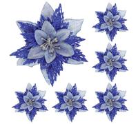 (Blue, One size) 6pcs Glitter Flower Christmas Tree Flower Decorations Xmas Wedding Wreath DIY Flower