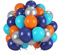 Blue Orange Balloons, 12 Inch Teal Navy Bule Balloons with Metallic Silver Balloon for Kids Boys Girls Birthday Thanksgiving Fall Graduation Basketball Theme Space Party Decorations Supplies