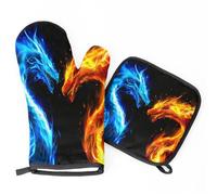 Blue Orange Fire Dragon Oven Mitts & Pot Holders BBQ Gloves, Heat Resistant Kitchen Oven Gloves Hot Pads for Cooking Baking Grilling