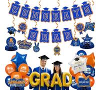 Blue Orange Gold Balloons GRAD Print Balloons with Banner Table Honeycomb Centerpieces Hanging Swirl star GRAD Letters Mylar Balloons for 2026 graduate Prom Decorations