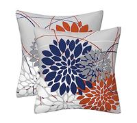 Blue Orange Pillow Covers 18x18 Inch Dahlia Throw Pillows Spring Summer Geometric Floral White Gray Cushion Cases Farmhouse Outdoor Home Decor for Couch Bed Living Room, Set of 2