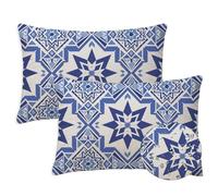 Blue Outdoor Cushions 50x80 cm Waterproof Linen Garden Cushions Pack of 2 Large Rectangle Abstract Geometry Cushion Covers Sofa Pillowcases for Garden Furniture Bench Balcony Farmhouse Decor Gift S940
