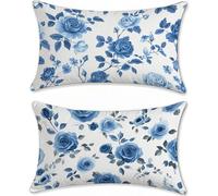 Blue Outdoor Cushions Covers 50x90cm Garden Cushions Waterproof Flower Sofa Cushion for Outdoor Furniture Velvet Cushion Cover Set of 2 Decorative Pillows, Oblong Scatter Throw Pillow Covers u-18239