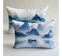 Blue Outdoor Cushions Waterproof 40x90cm Garden Furniture Cushions Landscape Linen Decorative Pillows Covers Invisible Zipper Double Sided Printing Set of 2，Sofa Spring Summer Fall Decor Gift L-L237