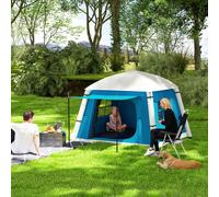 Outsunny Inflatable Camping Tent w/ Hand Pump, Easy Setup 1/2 Person Blow Up Tent Waterproof 190T Taffeta w/ Mesh Windows, Doors and Carry Bag, Light Blue Blue