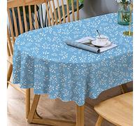 Blue Oval Tablecloth - Flower Print Blue Leaf Tablecloth, Indoor/Outdoor Waterproof Wrinkle Free Durable for Oval Tables 60 X 84 Inch