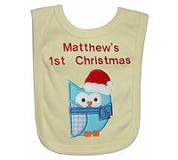 Blue Owl Christmas Applique Personalise Bib. (Soft Lemon)