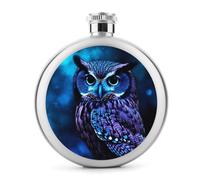 Blue Owl Hip Flask Stainless Steel Round Flagon Portable Leak-Proof Whiskey Flask, Classic Circular Design Alcohol Flask for Men Women, Travel Camping Outdoor Party Gift