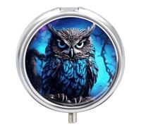 Blue Owl Medicine Pill Case, 3 Compartment Round Pill Box, Portable Decorative Medicine Organizer for Pocket Or Purse Vitamin Organize