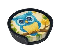 Blue Owl Perched Branch Leather Coaster Round Drink Coasters 6 Pcs Home Decor