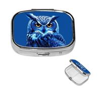 Blue Owl Pill Box 2 Compartment Medicine Pill Organizer Square Pill Case for Purse & Pocket Travel Pillbox Portable Metal Medicine Vitamin Fish Oil Organizer Unique Gift