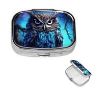 Blue Owl Pill Box 2 Compartment Square Portable Pill Case for Pocket or Purse Pill Holder Weekly Pill Organizer Decorative Metal Medicine Vitamin Organizer Travel Gift