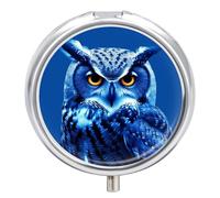 Blue Owl Pill Box 3 Compartment Travel Pill Organizer 3 Times A Day Cute Mini Pill Case for Purse & Pocket Portable Metal Medicine Box with Mirror Round Daily Medicine Vitamin Container