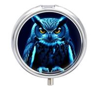 Blue Owl Pill Box 3 Compartment Travel Pill Organizer with Mirror Design Portable Pillcase for Pocket Or Purse Round Medicine Case Weekly Medicine Container Holder for Daily Meds