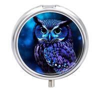 Blue Owl Pill Box Medicine Pill Organizer 3 Compartment Daily Pill Case Small Pill Container Round Pill Holder Travel Pill Box Metal Pill Case for Purse Pocket