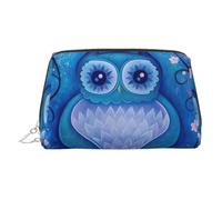 Blue Owl Print Leather Cosmetic Pouch, Leather Makeup Bag for Purse with Top Zip Closure Stylish Toiletry Bag